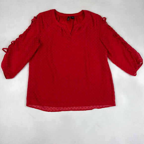 New Directions Red Slit Sleeve Blouse Size L Swiss Dots Polyester Chiffon Lined - Picture 2 of 4